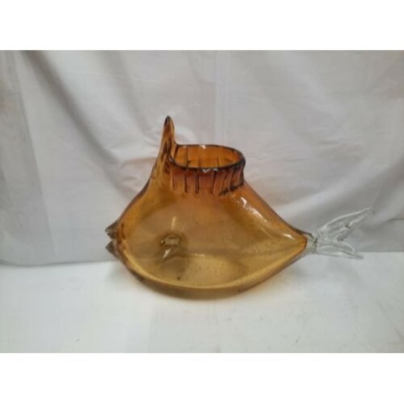 Large Crystal Art Glass Hand Blown Clear Fish Sea Ocean Beach Vase Bowl Amber 11 - Picture 4 of 9